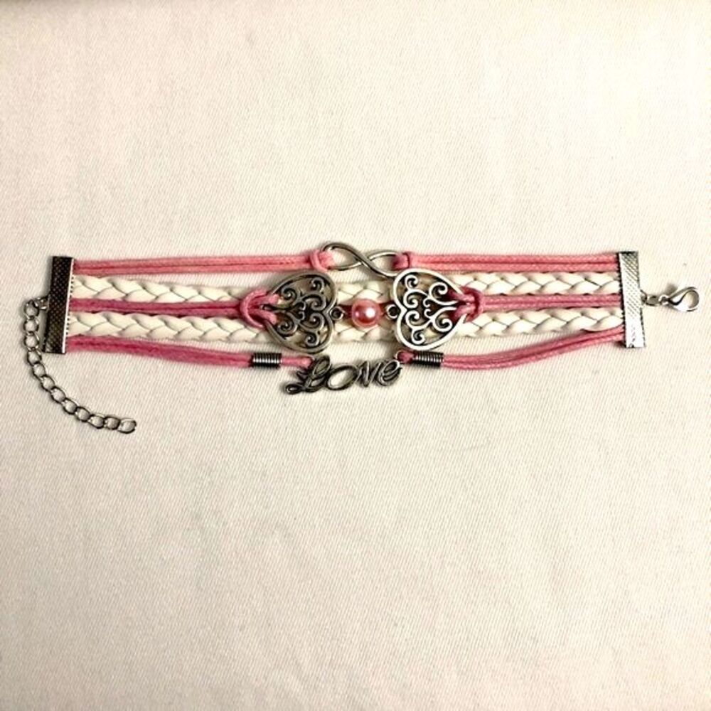 Heart Love Pink White Braided PU Leather Wrap Charm Bracelet
